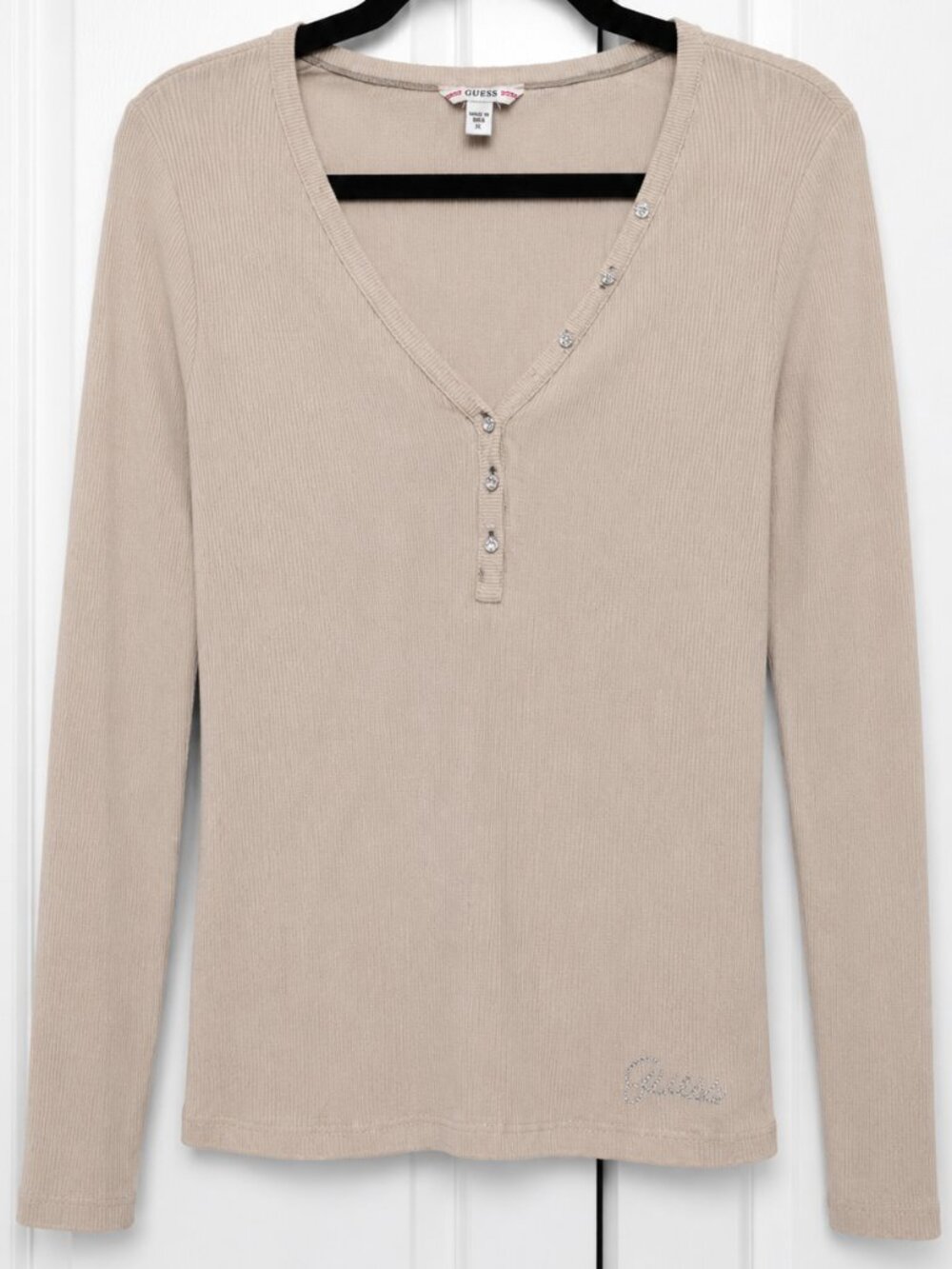 GUESS Women XL Beige Ribbed Henley Long Sleeve Stretch Top Rhinestone Logo